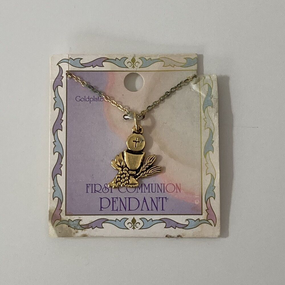 First Communion Pendant Gold Plated IHS Grapes Wheat Cup Chalice Religious Gift